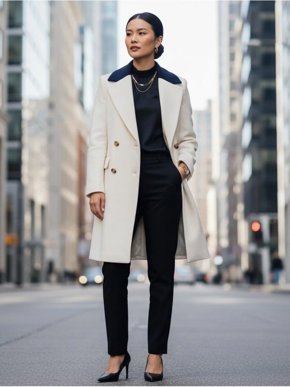 J. Crew Arianna Cream Wool Double-Breasted Coat with Navy Collar